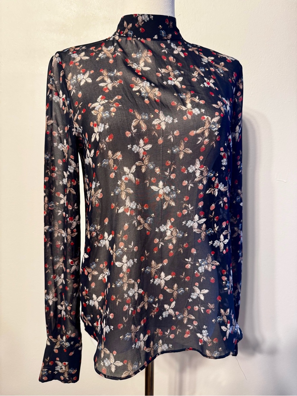 Zara Black Floral Mock Neck Blouse with Red and Cream Accents
